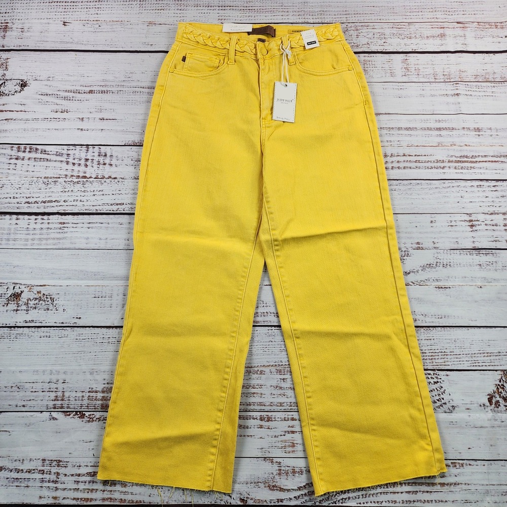 Judy Blue High Waist Braided 28 Wide Leg Crop Jeans Womens NWT Size 7/28 Yellow